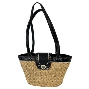 Brighton Straw and Leather Black & White Polka Dot Accents Handbag Purse USED